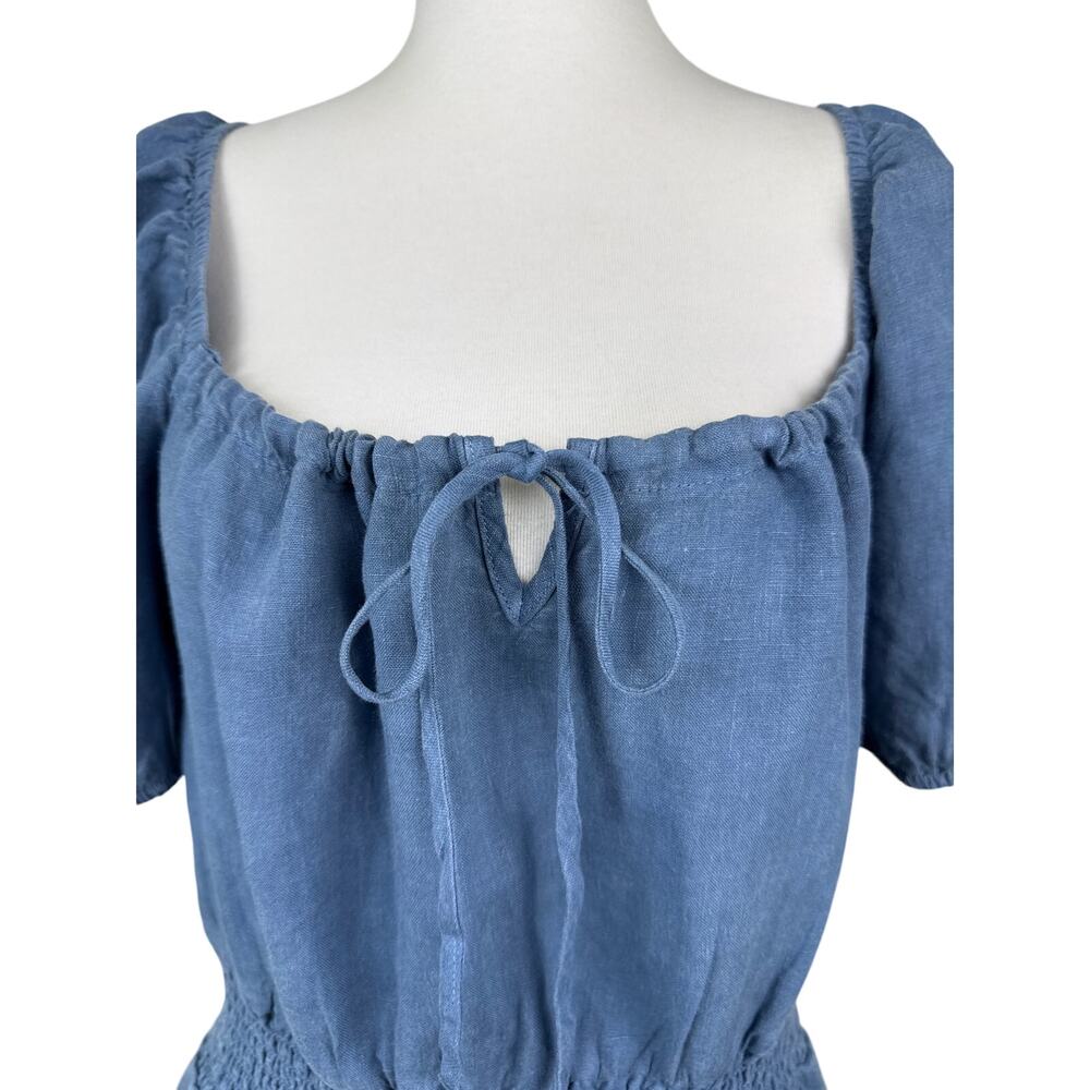 Cloth & Stone Linen Tie Front Dress M Blue Peasant Mini Pockets Anthro - Picture 4 of 8